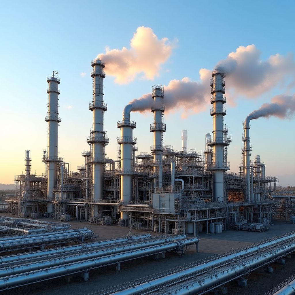 Refinería argentina con torres de destilación