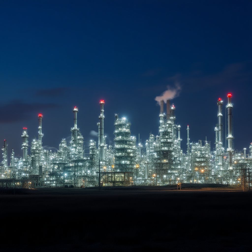 Planta petroquímica de noche en Argentina